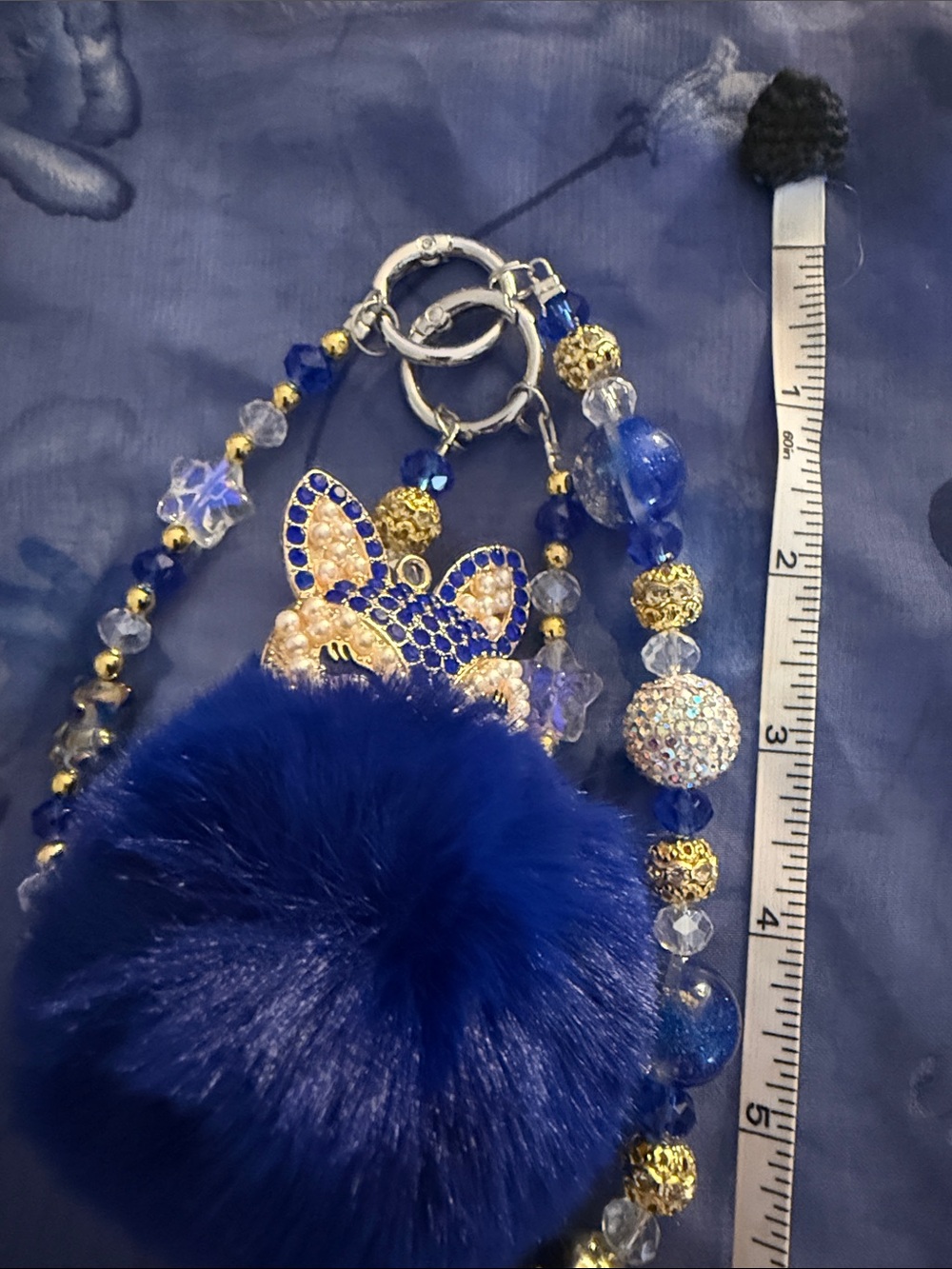 Blue Pom-Pom Cat Charm Keychain with Beaded Accents
